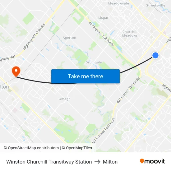 Winston Churchill Transitway Station to Milton map