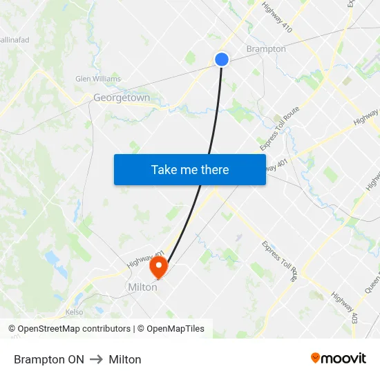 Brampton ON to Milton map