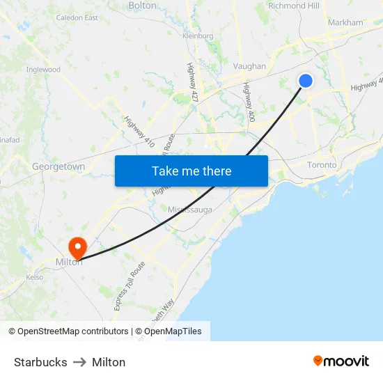 Starbucks to Milton map