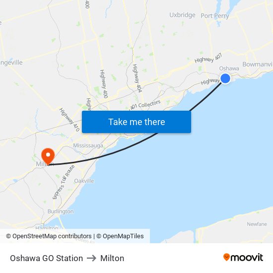 Oshawa GO Station to Milton map