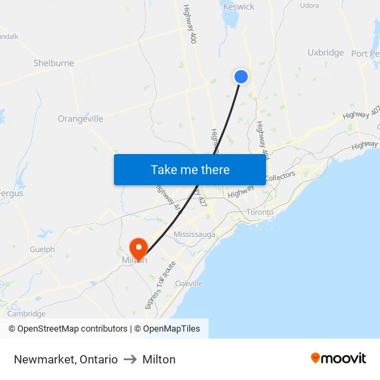Newmarket, Ontario to Milton map