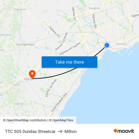 TTC 505 Dundas Streetcar to Milton map