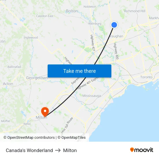 Canada's Wonderland to Milton map