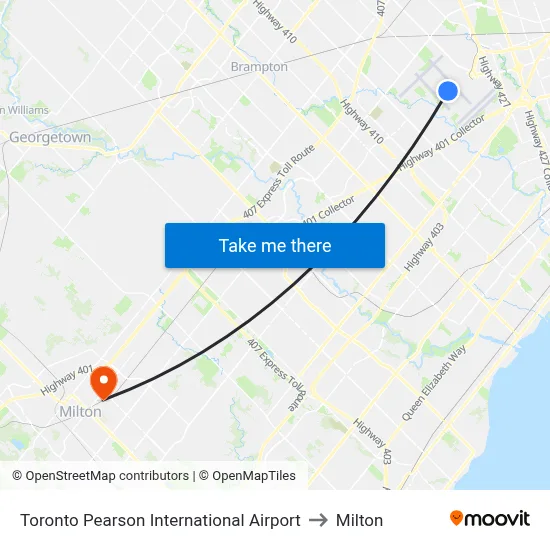 Toronto Pearson International Airport to Milton map