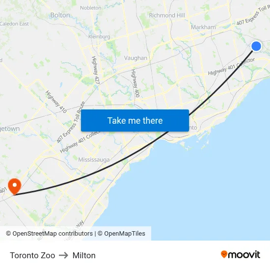 Toronto Zoo to Milton map