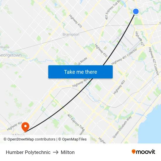 Humber Polytechnic to Milton map