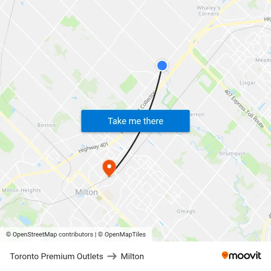 Toronto Premium Outlets to Milton map