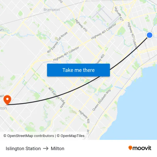 Islington Station to Milton map
