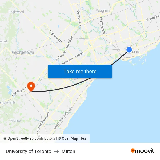 University of Toronto to Milton map