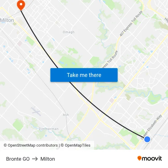 Bronte GO to Milton map