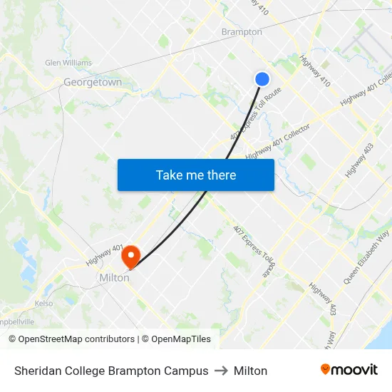 Sheridan College Brampton Campus to Milton map