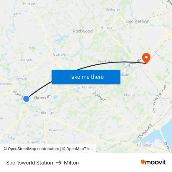 Sportsworld Station to Milton map