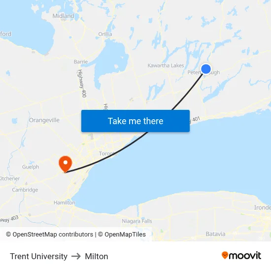 Trent University to Milton map