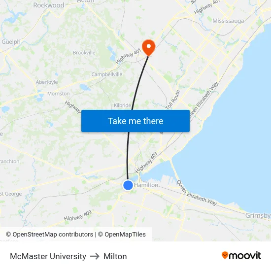 McMaster University to Milton map