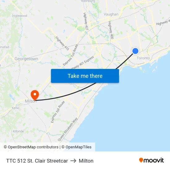 TTC 512 St. Clair Streetcar to Milton map