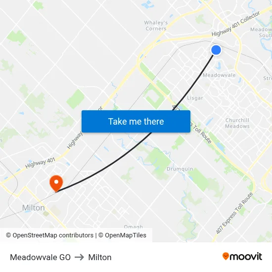 Meadowvale GO to Milton map