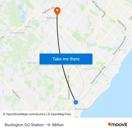 Burlington GO Station to Milton map