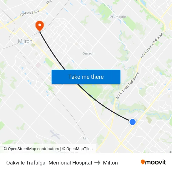 Oakville Trafalgar Memorial Hospital to Milton map