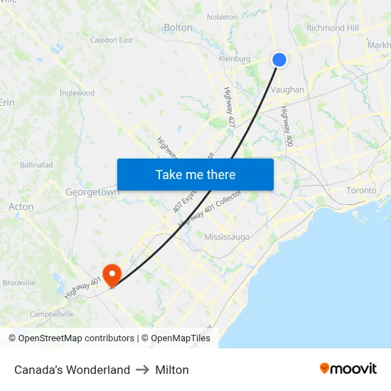 Canada’s Wonderland to Milton map