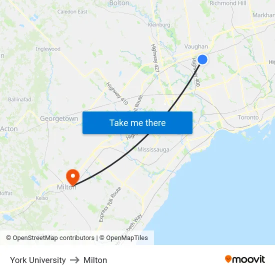 York University to Milton map