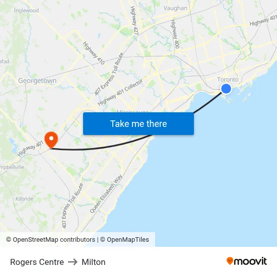 Rogers Centre to Milton map