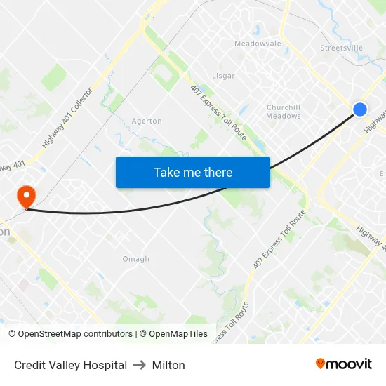 Credit Valley Hospital to Milton map