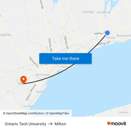 Ontario Tech University to Milton map