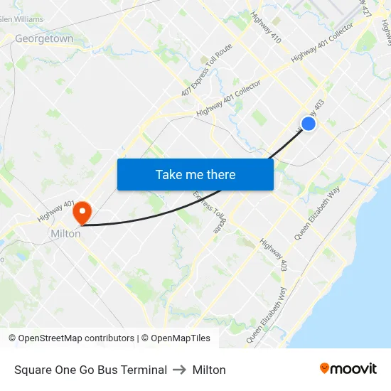 Square One Go Bus Terminal to Milton map