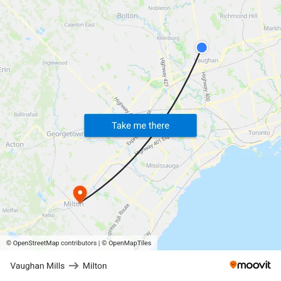 Vaughan Mills to Milton map