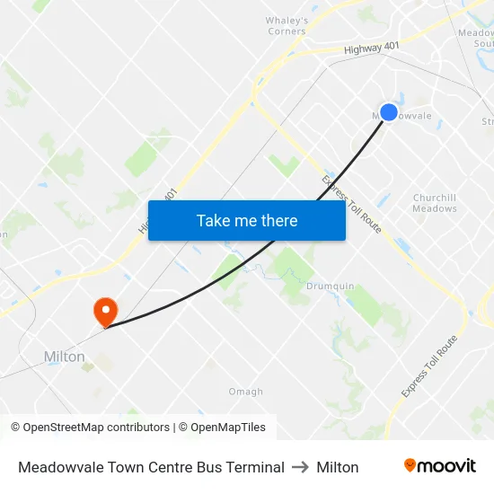 Meadowvale Town Centre Bus Terminal to Milton map