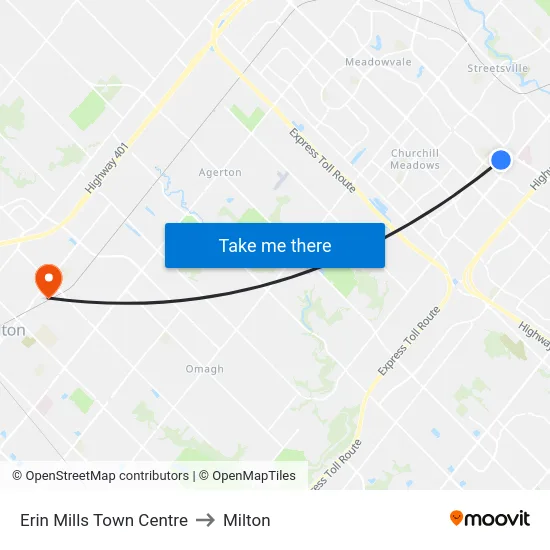 Erin Mills Town Centre to Milton map