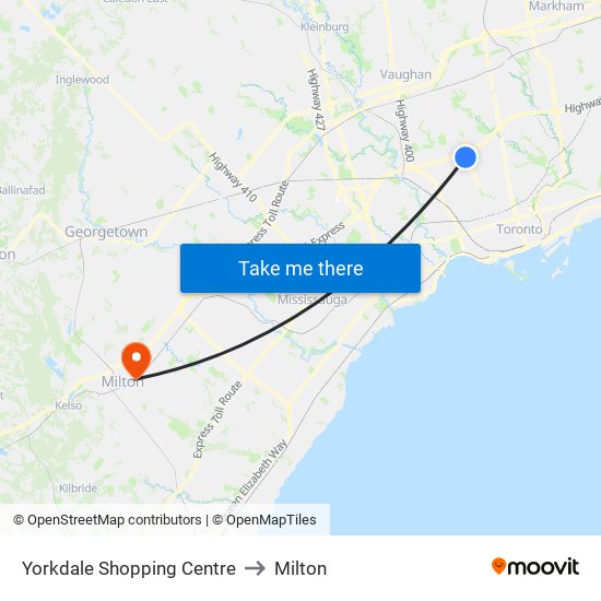 Yorkdale Shopping Centre to Milton map