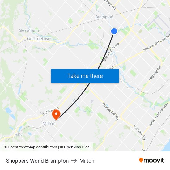 Shoppers World Brampton to Milton map
