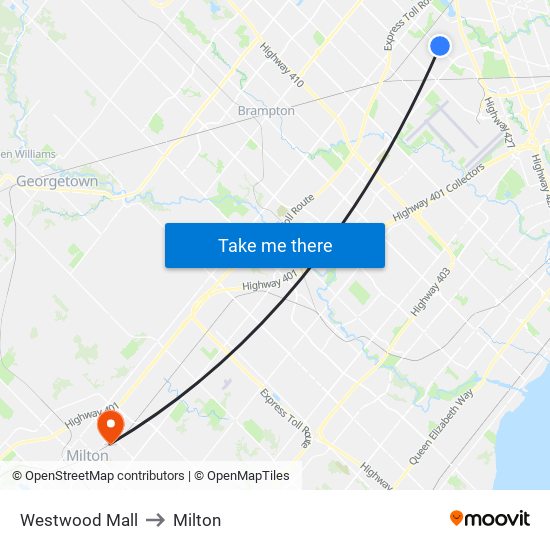 Westwood Mall to Milton map