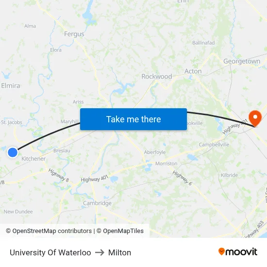 University Of Waterloo to Milton map