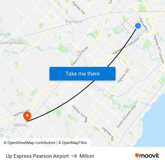 Up Express Pearson Airport to Milton map