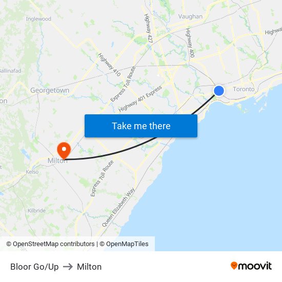 Bloor Go/Up to Milton map