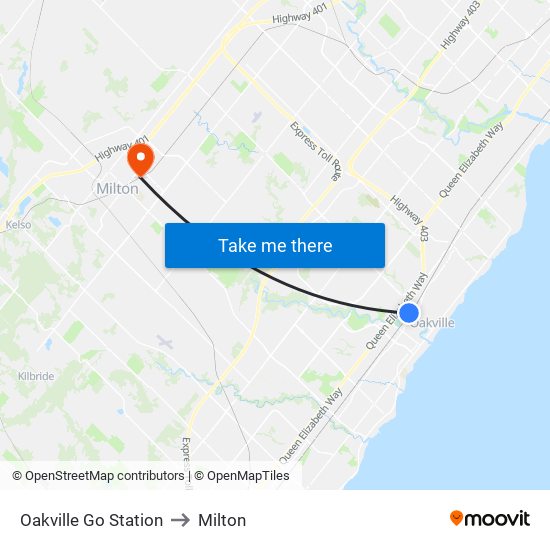 Oakville Go Station to Milton map