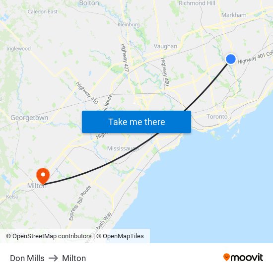 Don Mills to Milton map