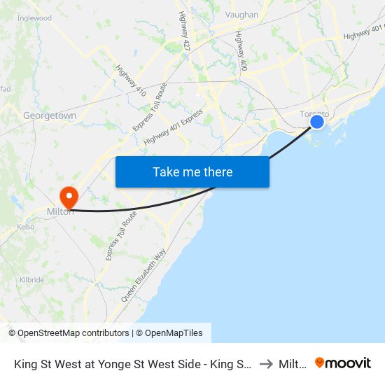 King St West at Yonge St West Side - King Station to Milton map