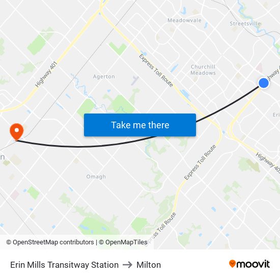 Erin Mills Transitway Station to Milton map