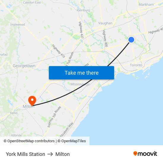 York Mills Station to Milton map