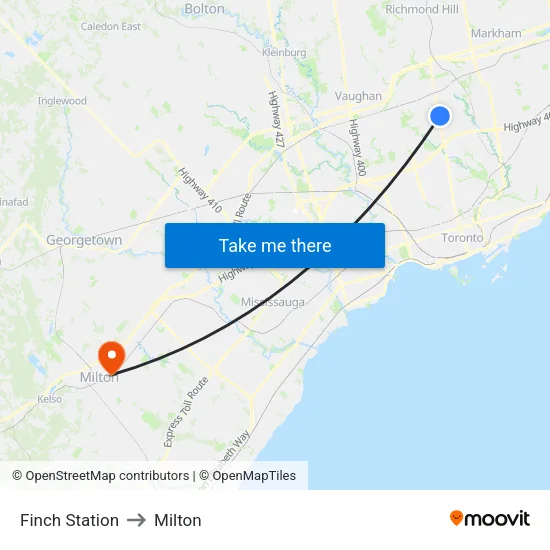 Finch Station to Milton map
