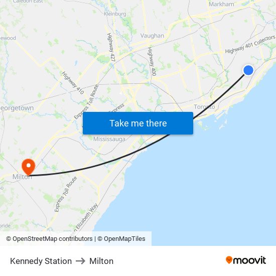 Kennedy Station to Milton map