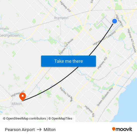 Pearson Airport to Milton map