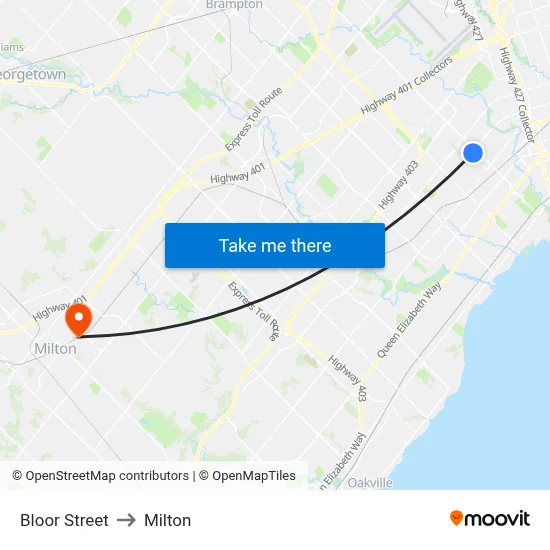 Bloor Street to Milton map