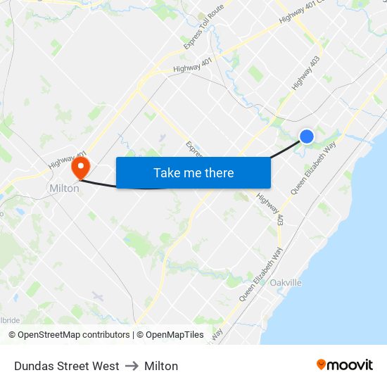 Dundas Street West to Milton map