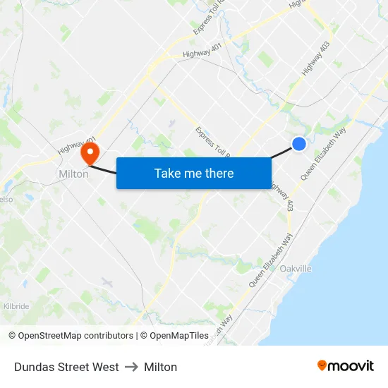 Dundas Street West to Milton map