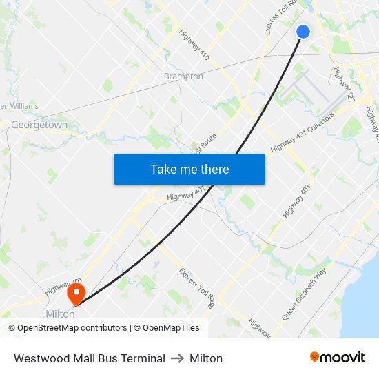Westwood Mall Bus Terminal to Milton map