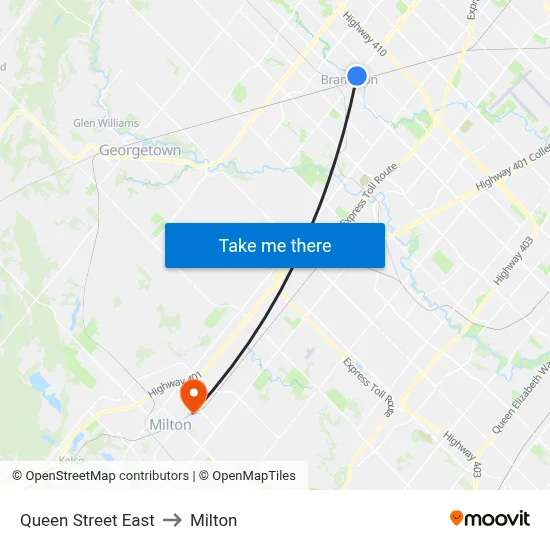 Queen Street East to Milton map